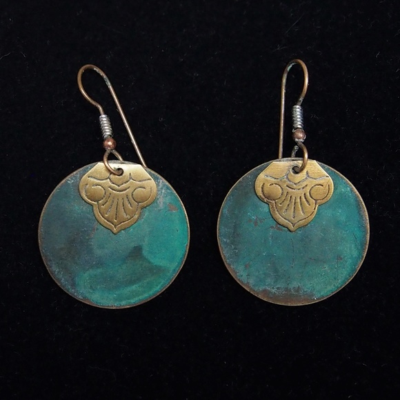Vintage Jewelry - VTG Oxidized Brass Disc Dangle Earrings